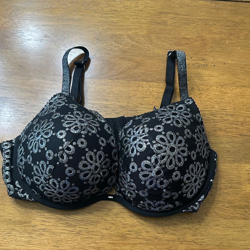 Victoria's Secret Black Bra with Silver Floral Embroidery